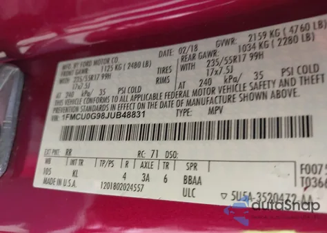 2018 Ford Escape Se from USA, damaged, VIN 1FMCU0G98JUB48831